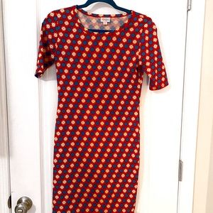 LulaRoe Red Creme & Blue short sleeve form fitting midi dress Size XS